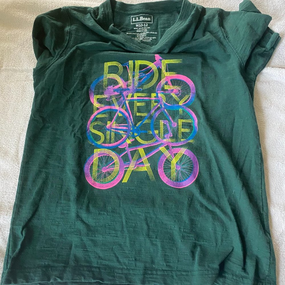 L.L. Bean forest green graphic shirt with neon lettering